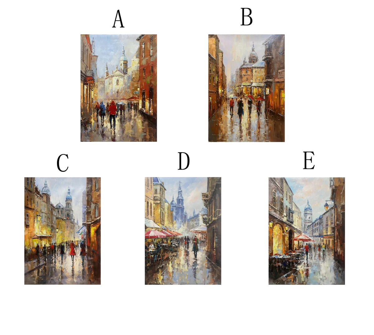 May include: Five paintings of city streets with buildings, people, and streetlights. The paintings are in a realistic style and feature a variety of colors, including brown, yellow, blue, and red.