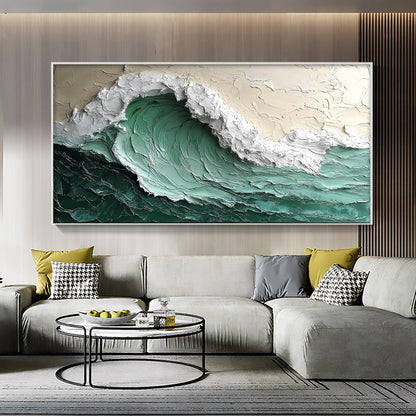 Teal Coastal Impasto Ocean Wave Seascape Wall Art Oil Painting