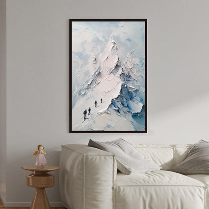 Impasto Mountain Wall Art with Skiers – Textured Winter Landscape Painting