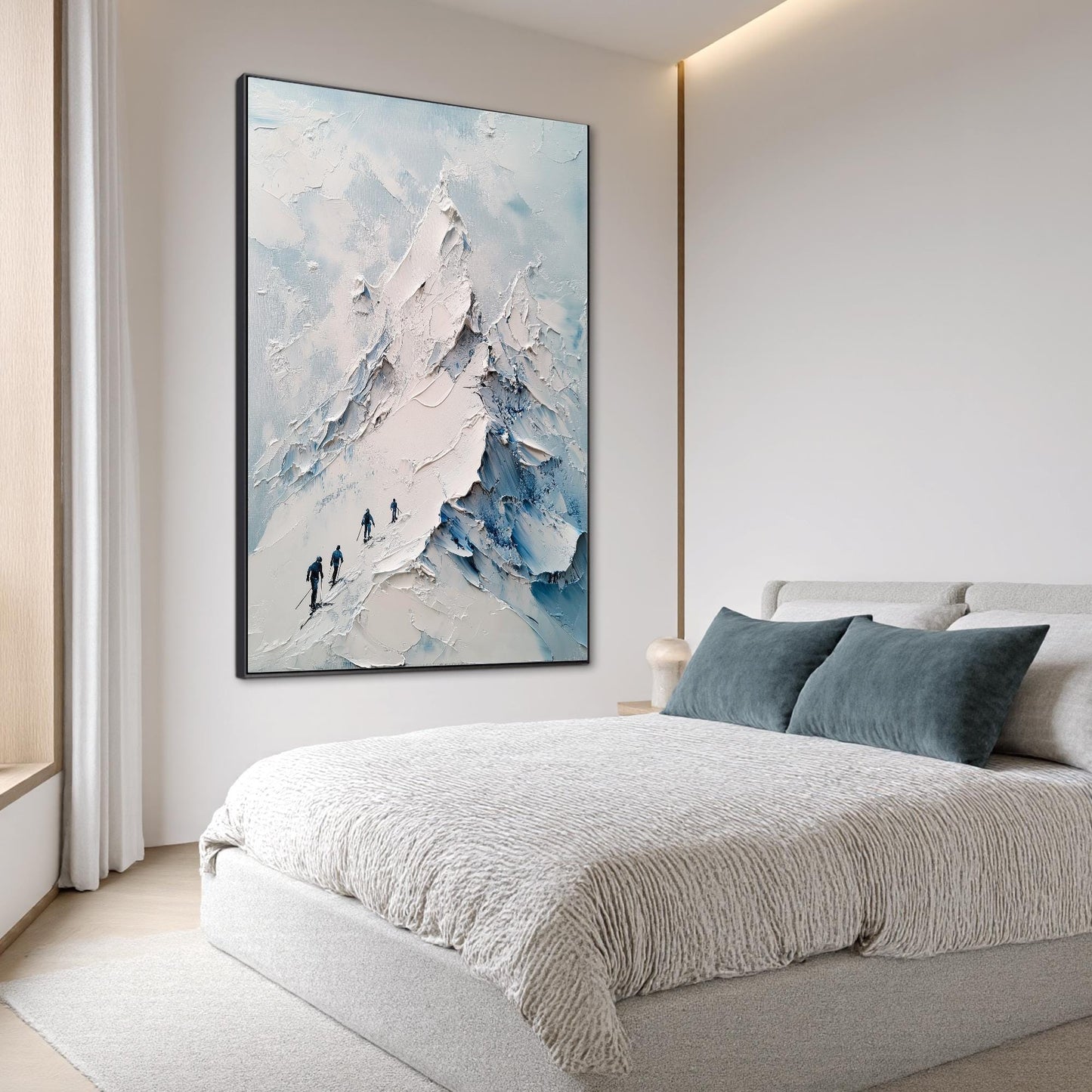 Impasto Mountain Wall Art with Skiers – Textured Winter Landscape Painting