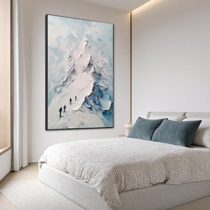 Impasto Mountain Wall Art with Skiers – Textured Winter Landscape Painting