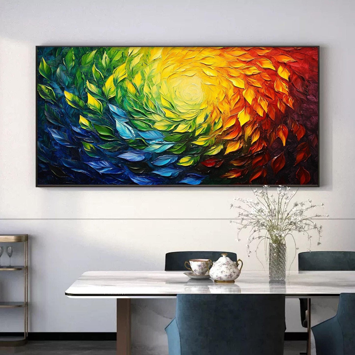 Abstract Rainbow Leaves Impasto Oil Painting, Textured 3D Canvas Art – Botanical Leaf Wall Art | Abstract Impasto Hand-Painte
