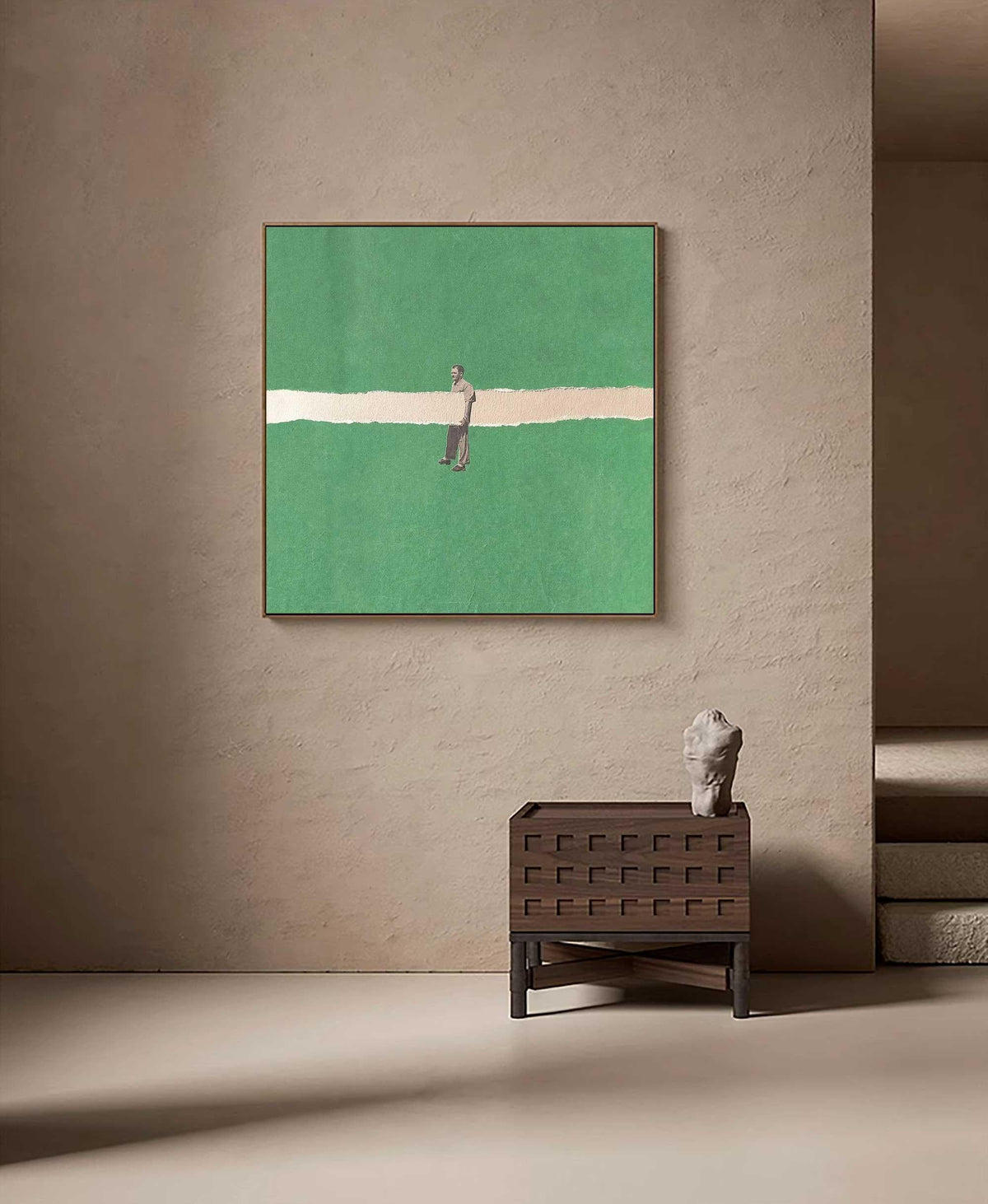 Green Minimalist Man Figure Wall Art White Line Canvas Painting for Modern Entryway Decor