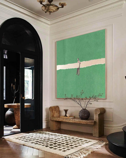 Green Minimalist Man Figure Wall Art White Line Canvas Painting for Modern Entryway Decor