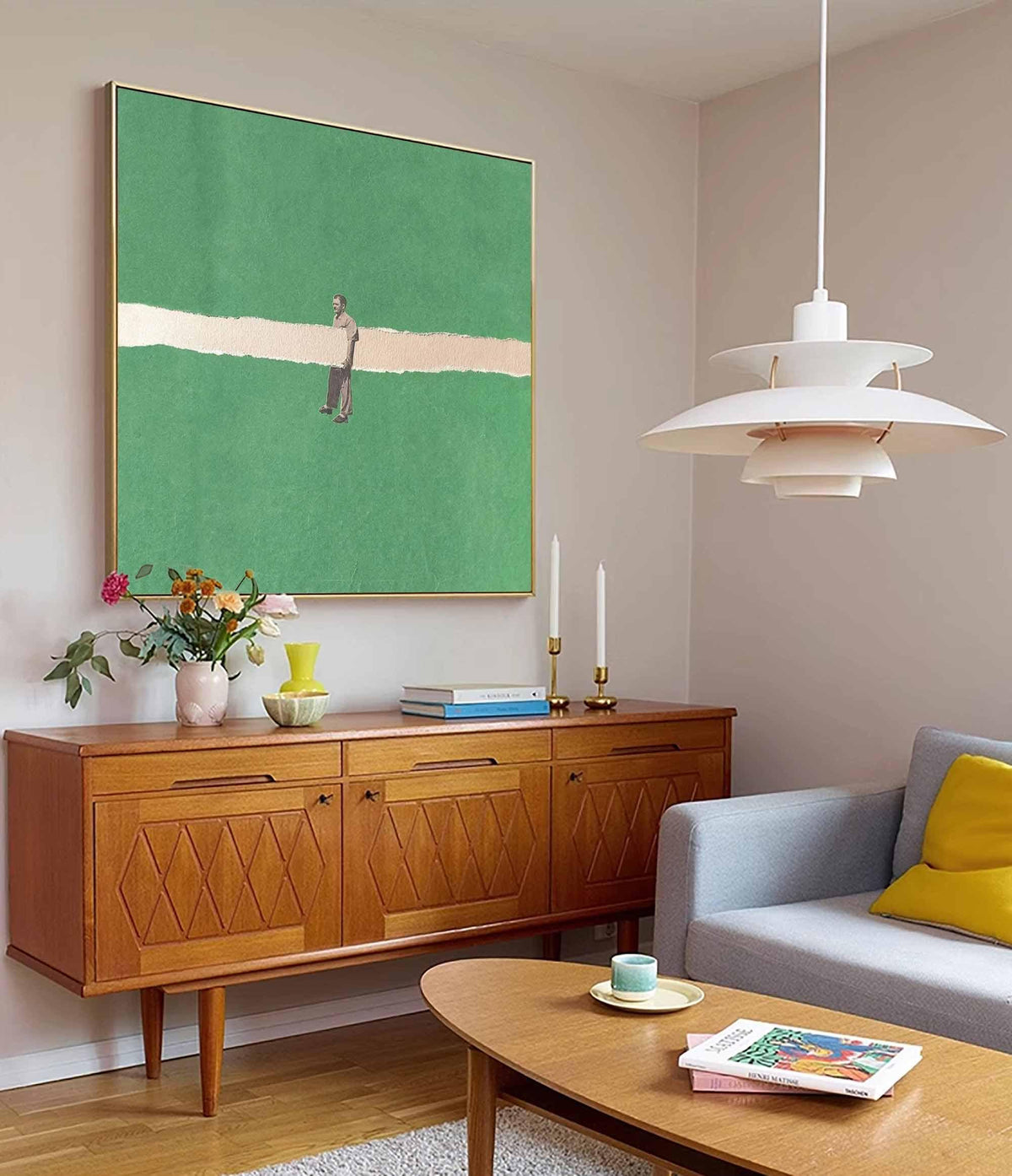 Green Minimalist Man Figure Wall Art White Line Canvas Painting for Modern Entryway Decor