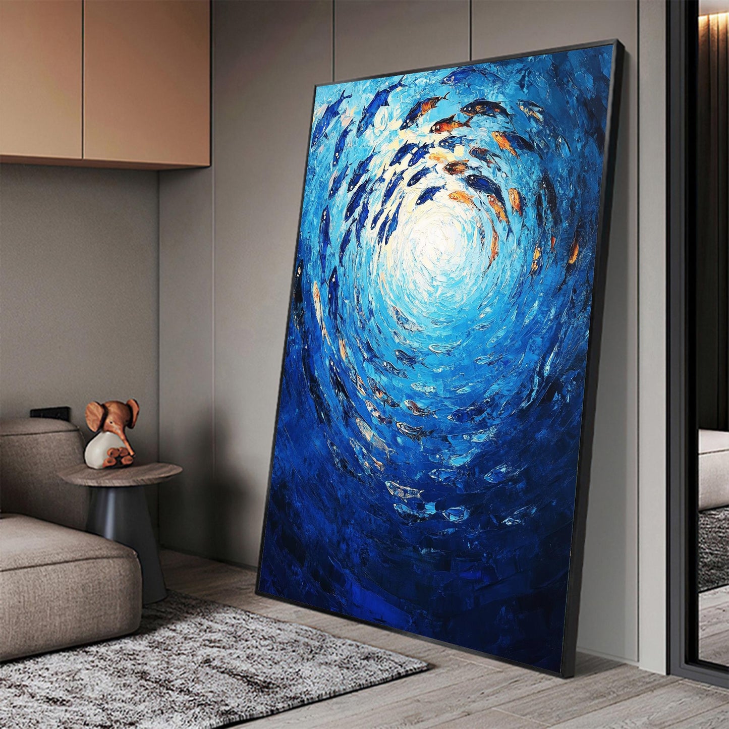 Blue and Orange Impasto Underwater Ocean Wall Art – Swirling School of Fish Painting