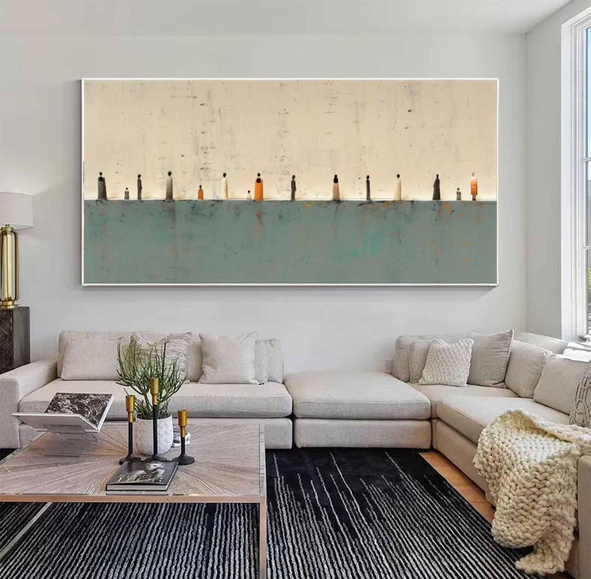 Teal Beige Gallery Wall Art Minimalist Tiny Figures Canvas for Living Room Decor