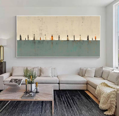 Teal Beige Gallery Wall Art Minimalist Tiny Figures Canvas for Living Room Decor
