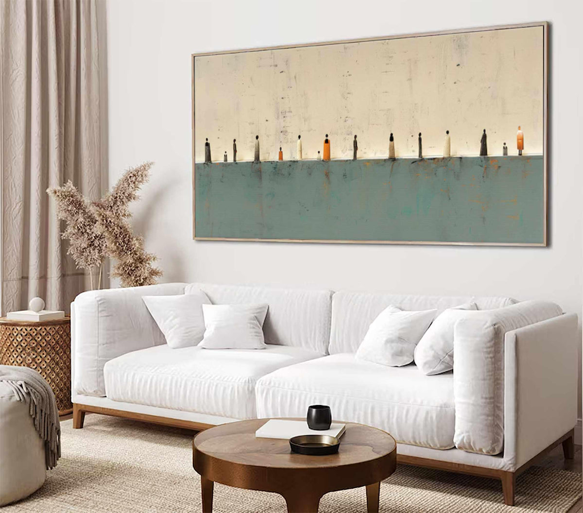 Teal Beige Gallery Wall Art Minimalist Tiny Figures Canvas for Living Room Decor