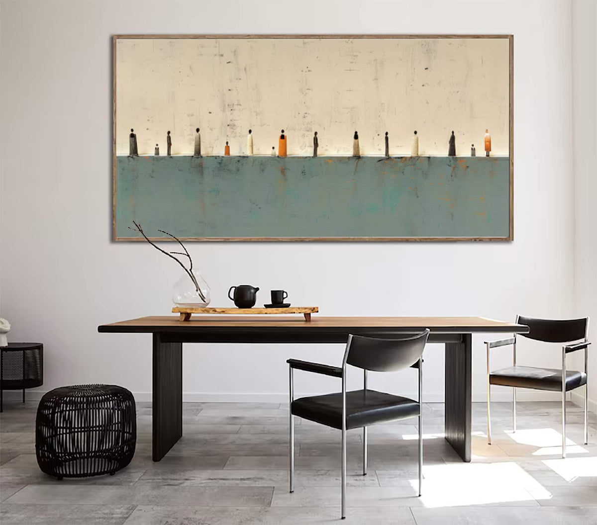 Teal Beige Gallery Wall Art Minimalist Tiny Figures Canvas for Living Room Decor