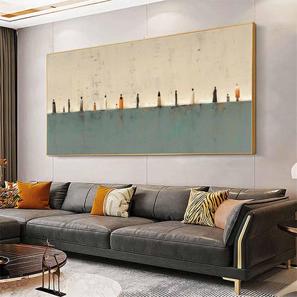 Teal Beige Gallery Wall Art Minimalist Tiny Figures Canvas for Living Room Decor