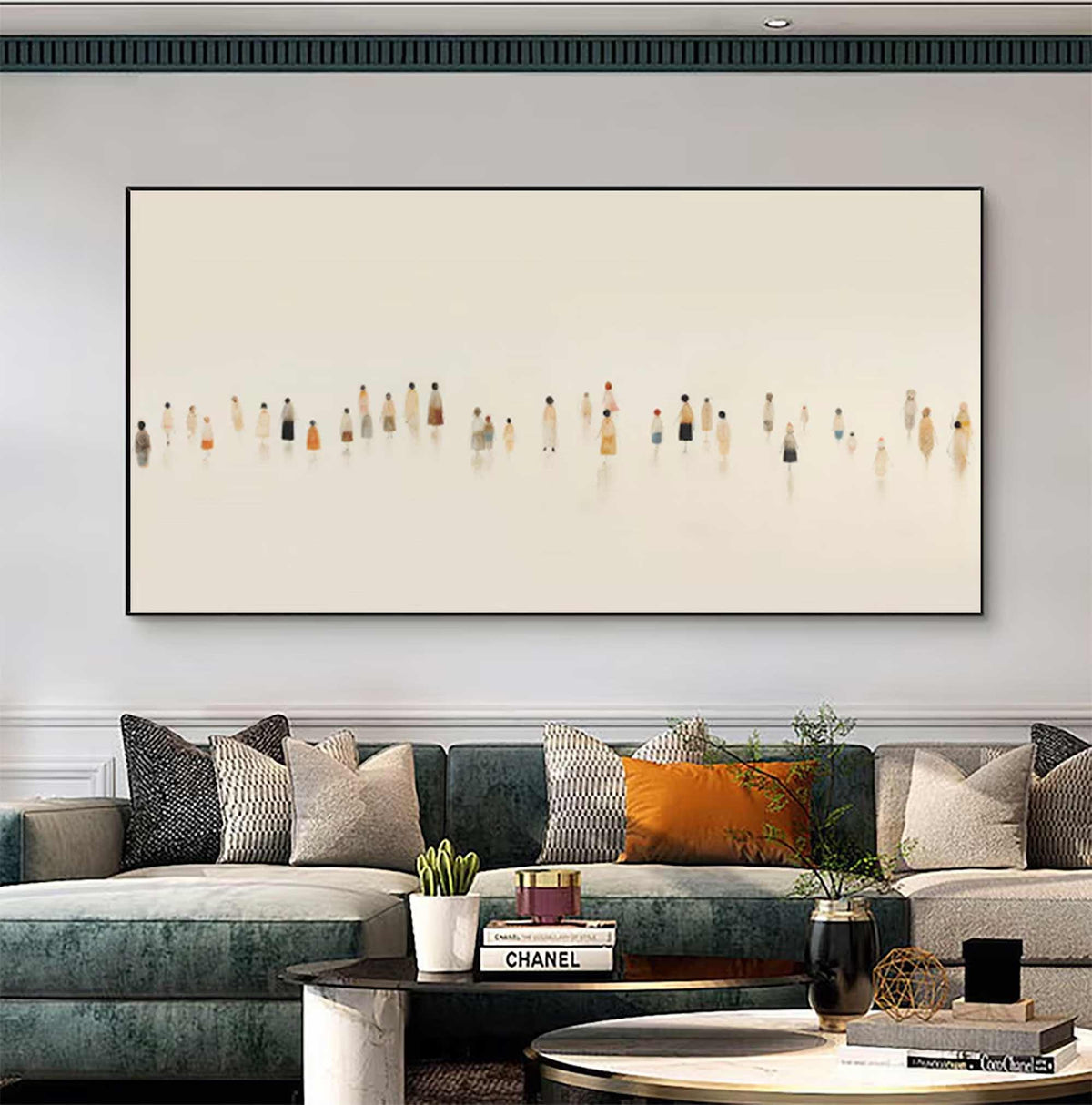 May include: Abstract art print featuring a minimalist design of numerous figures in various colors, set against a soft, off-white background. The artwork is framed in a sleek black border, suitable for modern home decor.