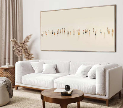May include: A large rectangular framed artwork featuring a minimalist depiction of numerous figures in various colors. The figures are arranged horizontally against a light beige background, creating a sense of depth.