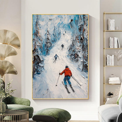 Impasto Skiing Couple Mountain Wall Art – Original Impasto Ski Painting
