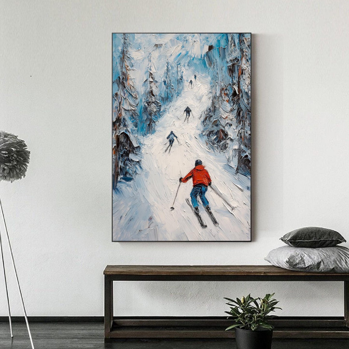 Impasto Skiing Couple Mountain Wall Art – Original Impasto Ski Painting