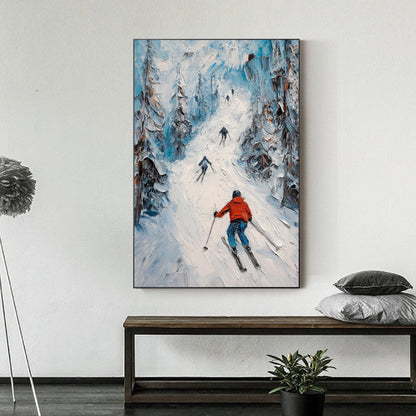 Impasto Skiing Couple Mountain Wall Art – Original Impasto Ski Painting