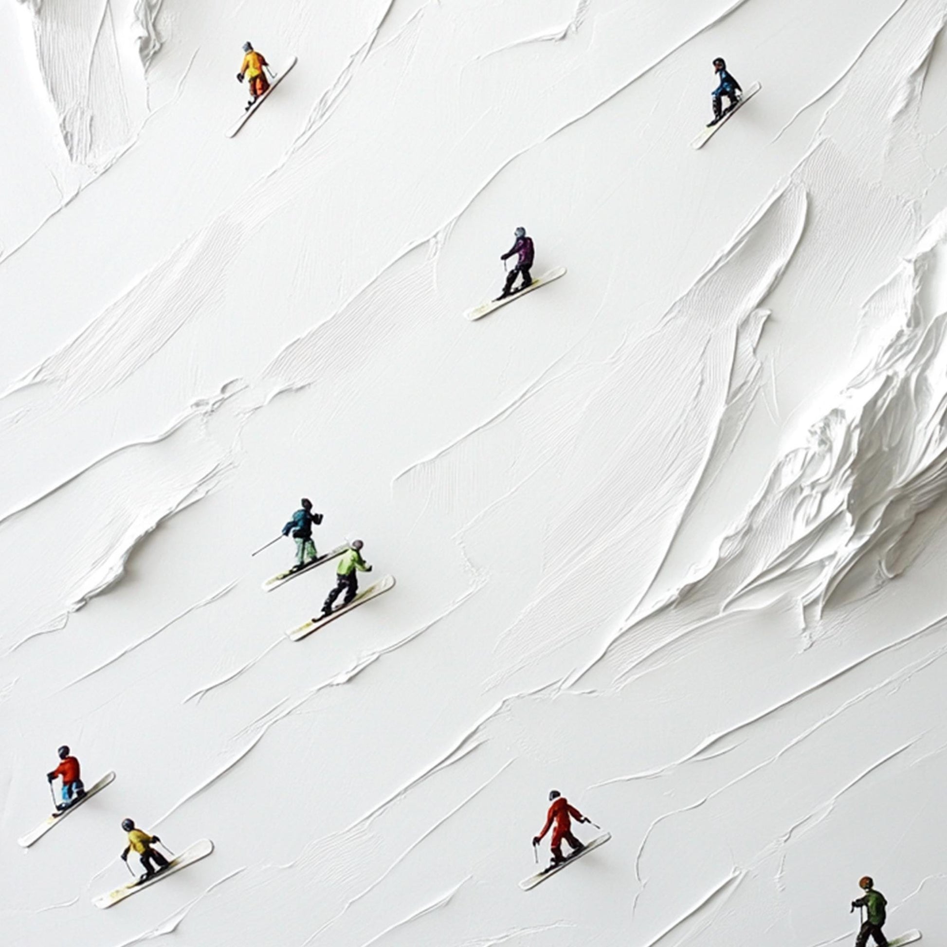 3D Impasto Skiers Painting, Textured White Mountain Art – Colorful Mountain Wall Art | Minimalist Impasto Hand-Painted Painti