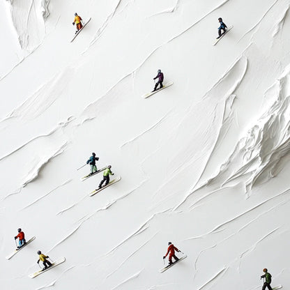3D Impasto Skiers Painting, Textured White Mountain Art – Colorful Mountain Wall Art | Minimalist Impasto Hand-Painted Painti