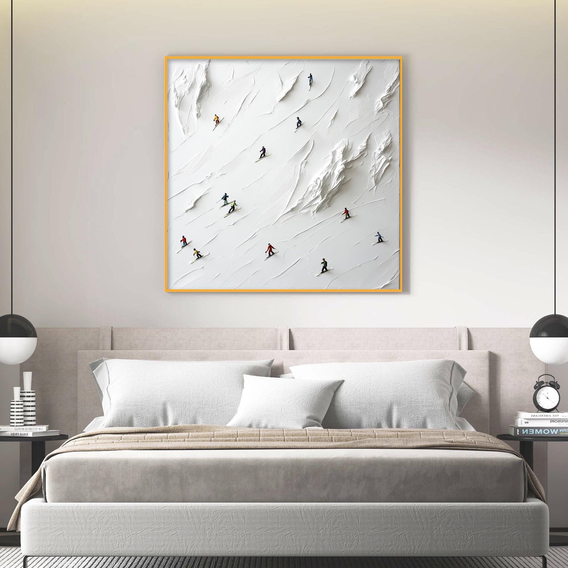 3D Impasto Skiers Painting, Textured White Mountain Art – Colorful Mountain Wall Art | Minimalist Impasto Hand-Painted Painti