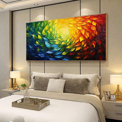 Abstract Rainbow Leaves Impasto Oil Painting, Textured 3D Canvas Art – Botanical Leaf Wall Art | Abstract Impasto Hand-Painte