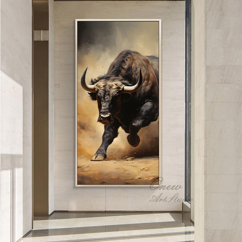 Classical Bull Oil Painting on Canvas, Large Original Bull Canvas Wall Art, Modern Hand-painted Animal Painting for Living Room, Home Décor