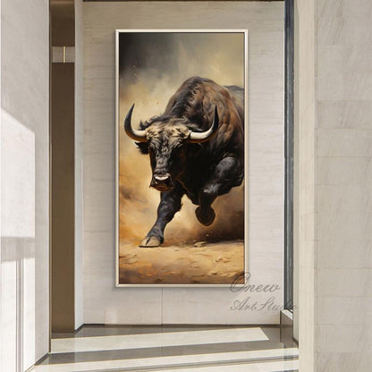 Classical Bull Oil Painting on Canvas, Large Original Bull Canvas Wall Art, Modern Hand-painted Animal Painting for Living Room, Home Décor