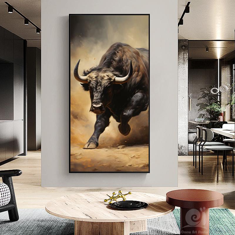 Classical Bull Oil Painting on Canvas, Large Original Bull Canvas Wall Art, Modern Hand-painted Animal Painting for Living Room, Home Décor