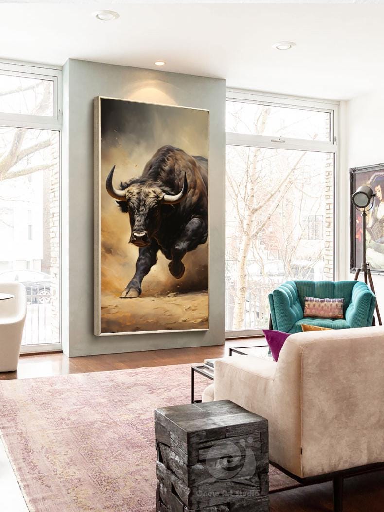 Classical Bull Oil Painting on Canvas, Large Original Bull Canvas Wall Art, Modern Hand-painted Animal Painting for Living Room, Home Décor