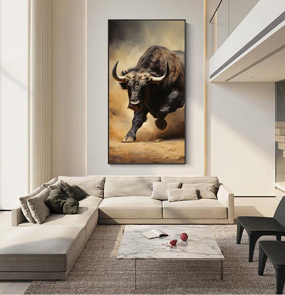 Classical Bull Oil Painting on Canvas, Large Original Bull Canvas Wall Art, Modern Hand-painted Animal Painting for Living Room, Home Décor