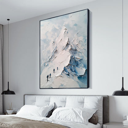 Impasto Mountain Wall Art with Skiers – Textured Winter Landscape Painting