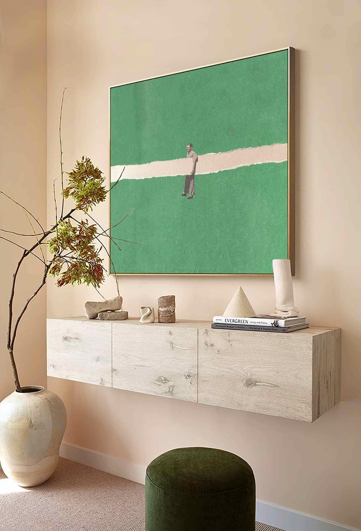 Green Minimalist Man Figure Wall Art White Line Canvas Painting for Modern Entryway Decor