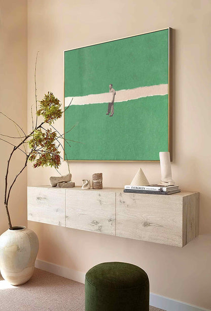 Green Minimalist Man Figure Wall Art White Line Canvas Painting for Modern Entryway Decor