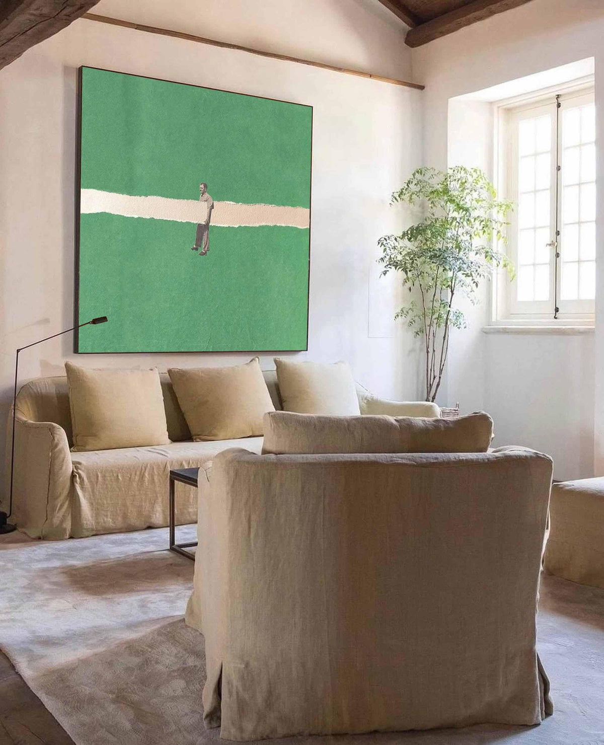 Green Minimalist Man Figure Wall Art White Line Canvas Painting for Modern Entryway Decor