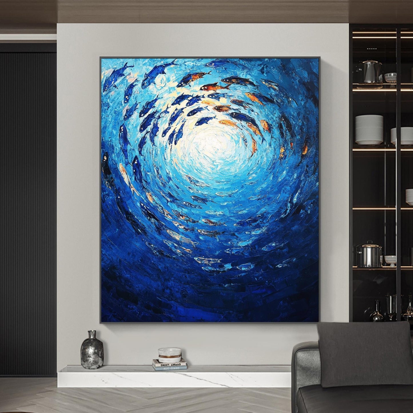 Blue and Orange Impasto Underwater Ocean Wall Art – Swirling School of Fish Painting