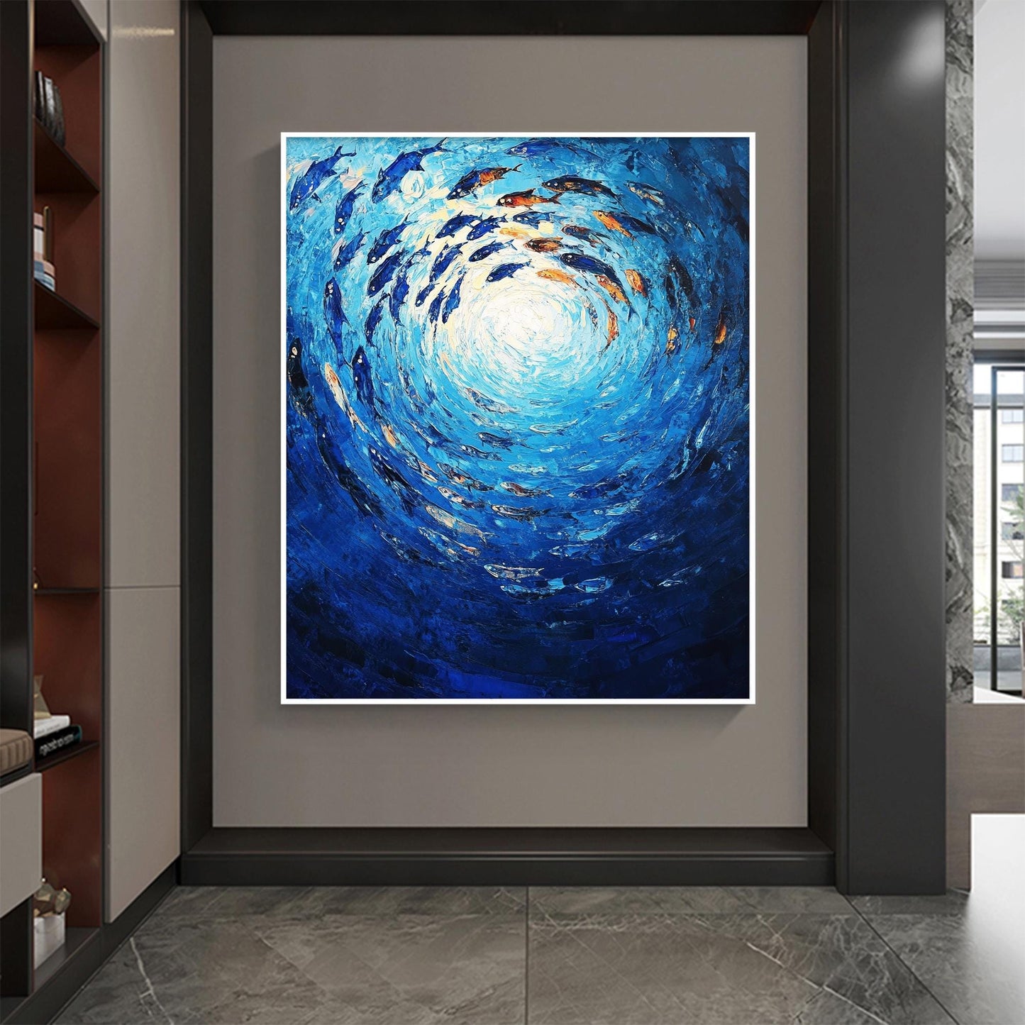 Blue and Orange Impasto Underwater Ocean Wall Art – Swirling School of Fish Painting