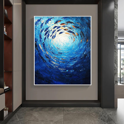 Blue and Orange Impasto Underwater Ocean Wall Art – Swirling School of Fish Painting