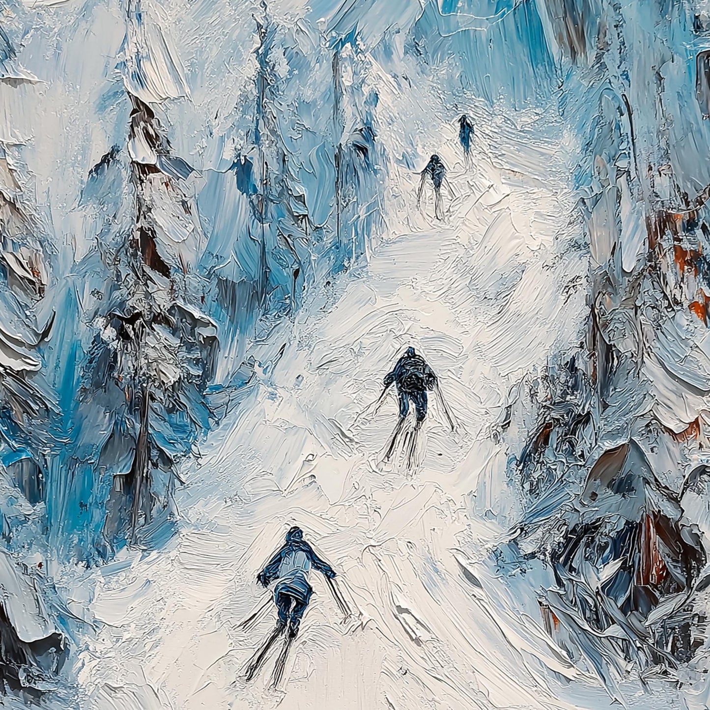 Impasto Skiing Couple Mountain Wall Art – Original Impasto Ski Painting