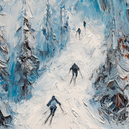 Impasto Skiing Couple Mountain Wall Art – Original Impasto Ski Painting