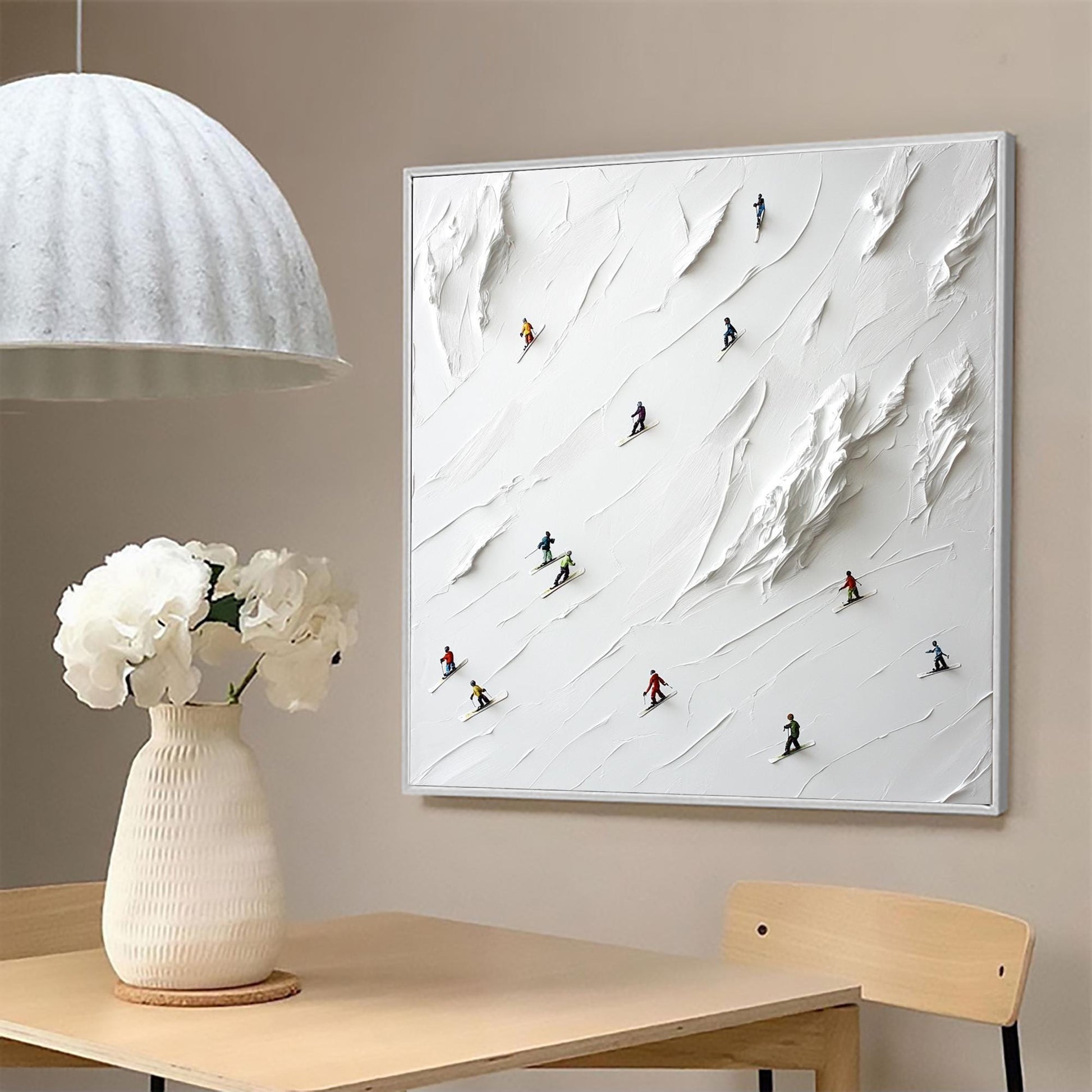 3D Impasto Skiers Painting, Textured White Mountain Art – Colorful Mountain Wall Art | Minimalist Impasto Hand-Painted Painti