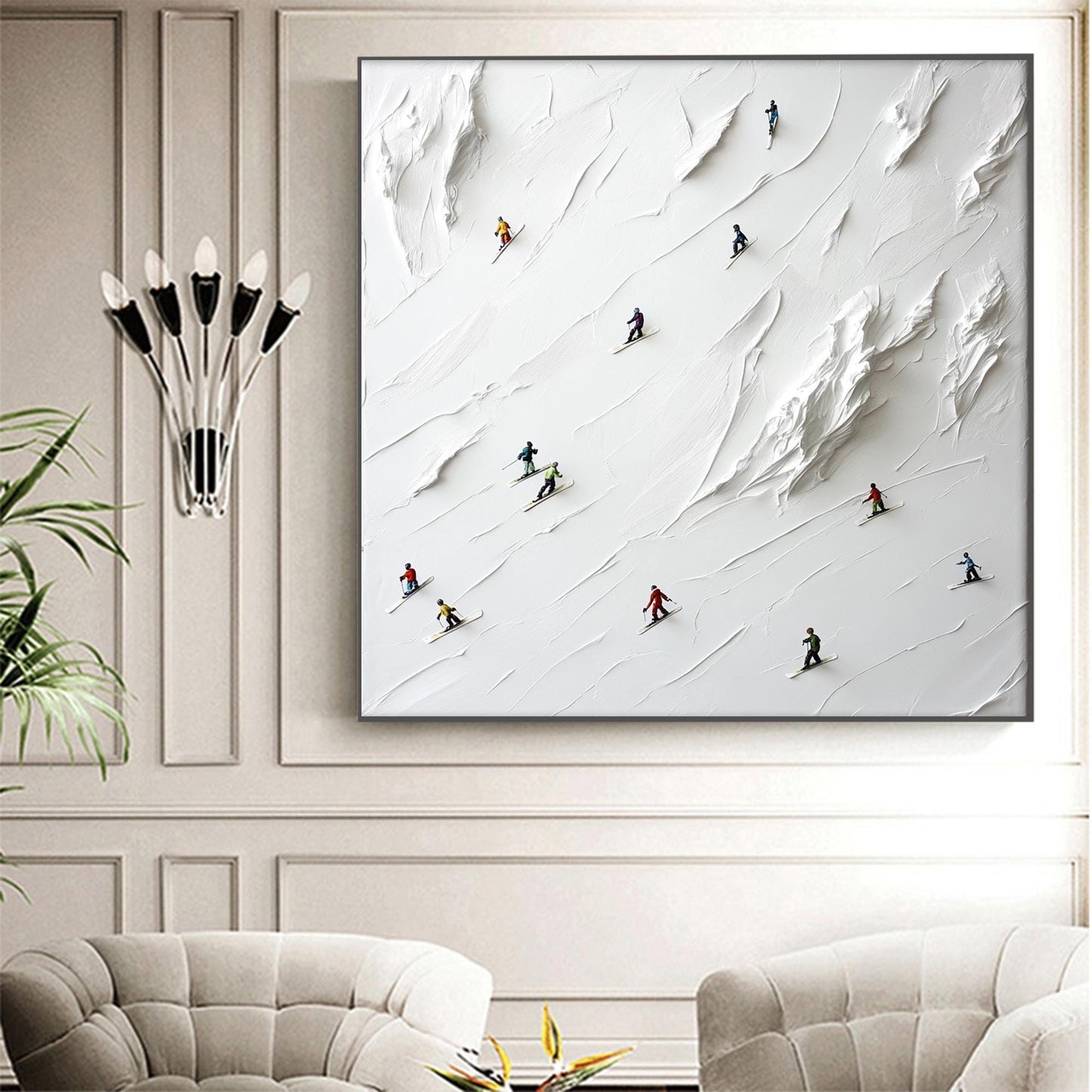 3D Impasto Skiers Painting, Textured White Mountain Art – Colorful Mountain Wall Art | Minimalist Impasto Hand-Painted Painti