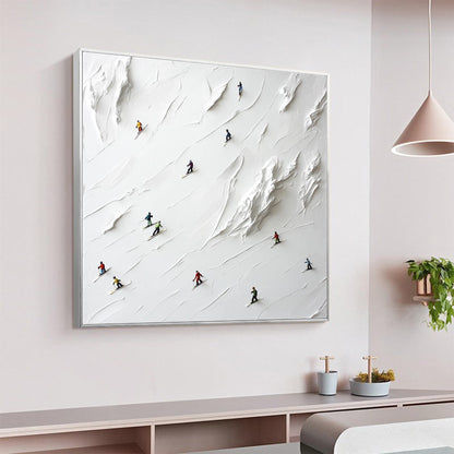 Colorful Minimalist Impasto Mountain Wall Art – 3D Skiers Painting