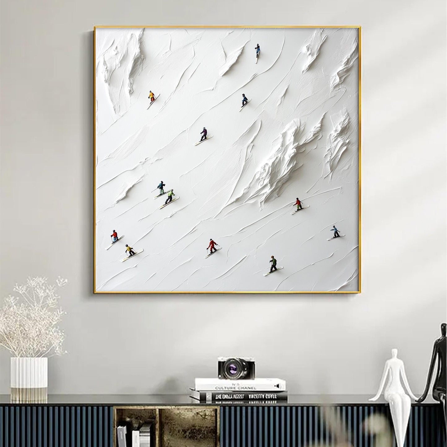 Colorful Minimalist Impasto Mountain Wall Art – 3D Skiers Painting