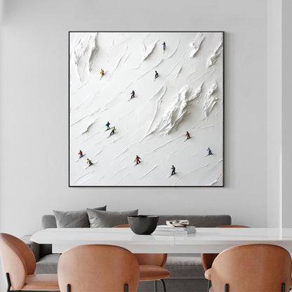 Colorful Minimalist Impasto Mountain Wall Art – 3D Skiers Painting
