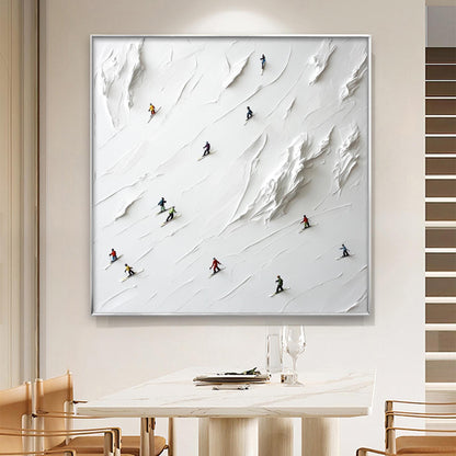 3D Impasto Skiers Painting, Textured White Mountain Art – Colorful Mountain Wall Art | Minimalist Impasto Hand-Painted Painti