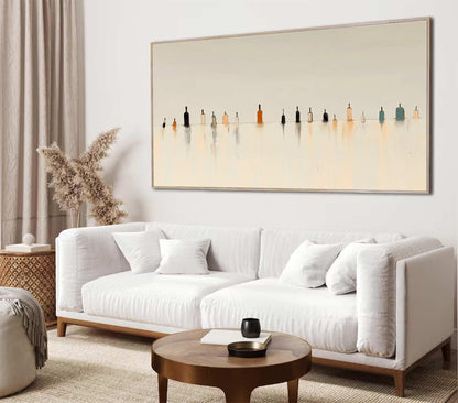 Minimalist Figure Wall Art Beige Neutral Landscape Painting Tiny People for Living Room Decor