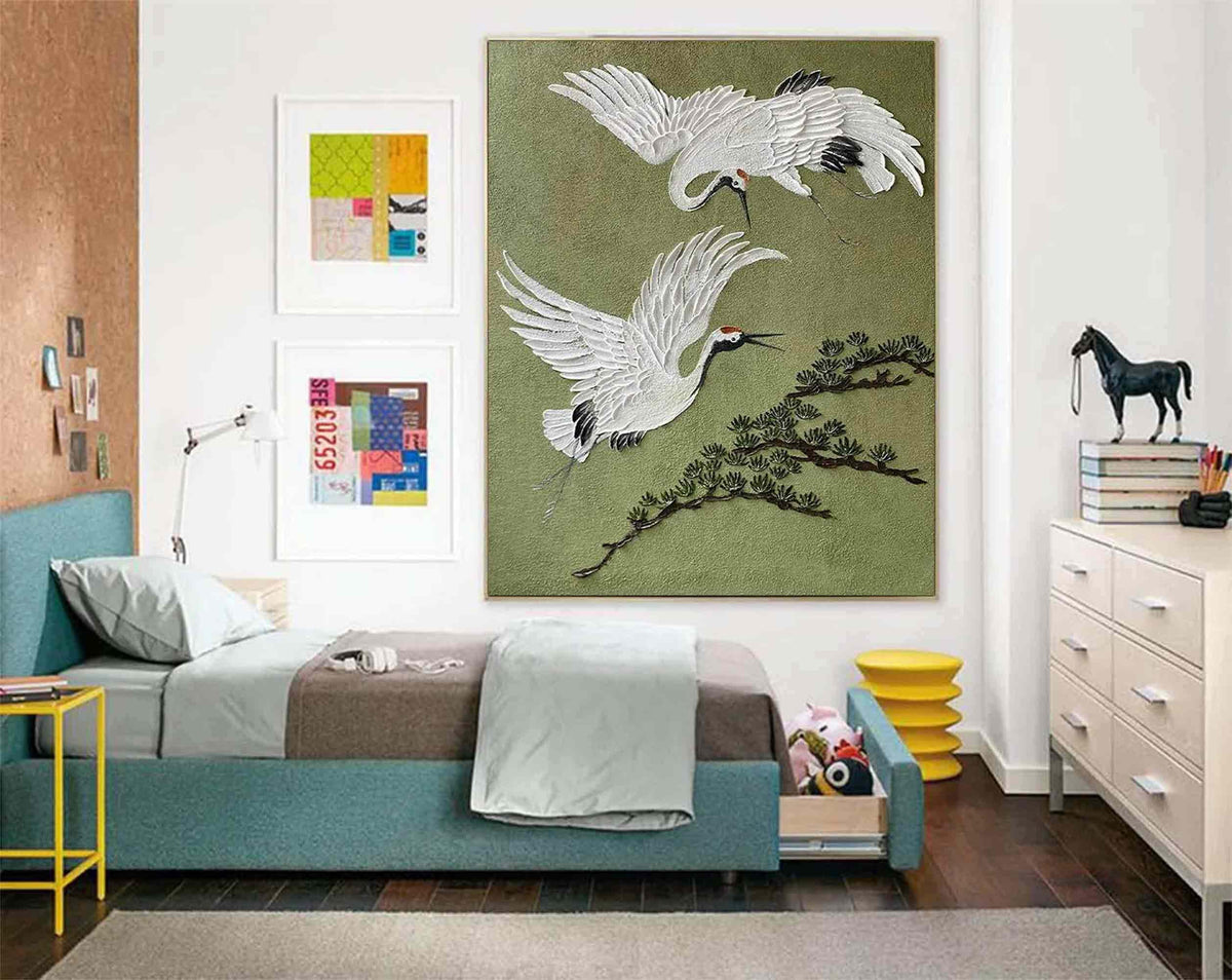 White Crane Bird Wall Art Olive Green Textured Canvas Painting for Living Room Decor
