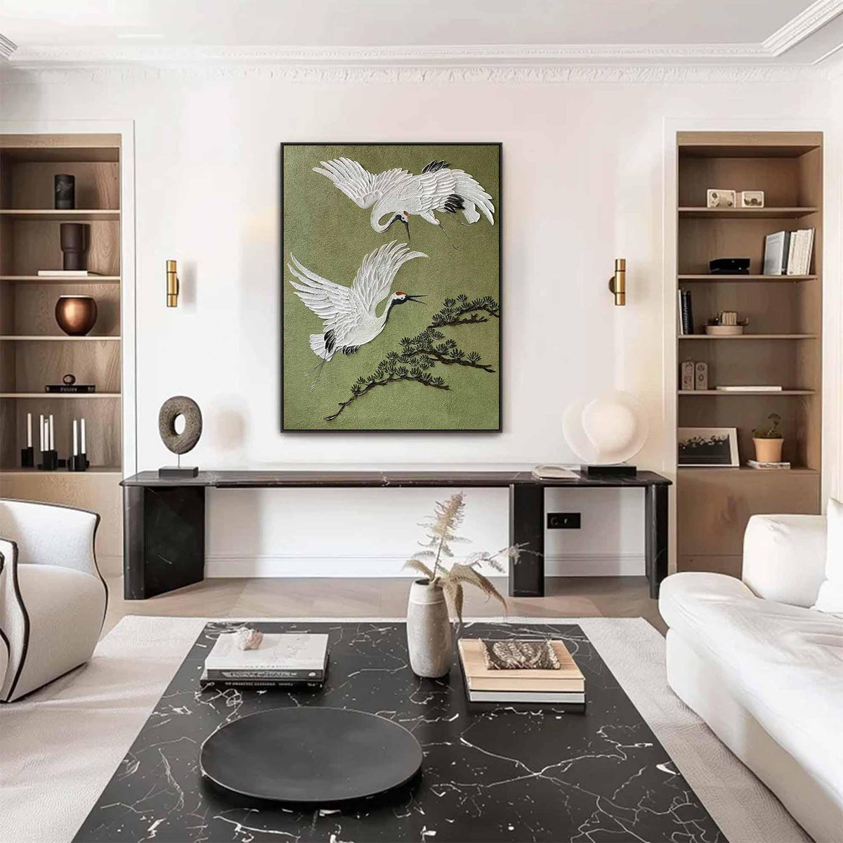 White Crane Bird Wall Art Olive Green Textured Canvas Painting for Living Room Decor