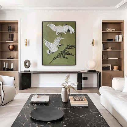 White Crane Bird Wall Art Olive Green Textured Canvas Painting for Living Room Decor