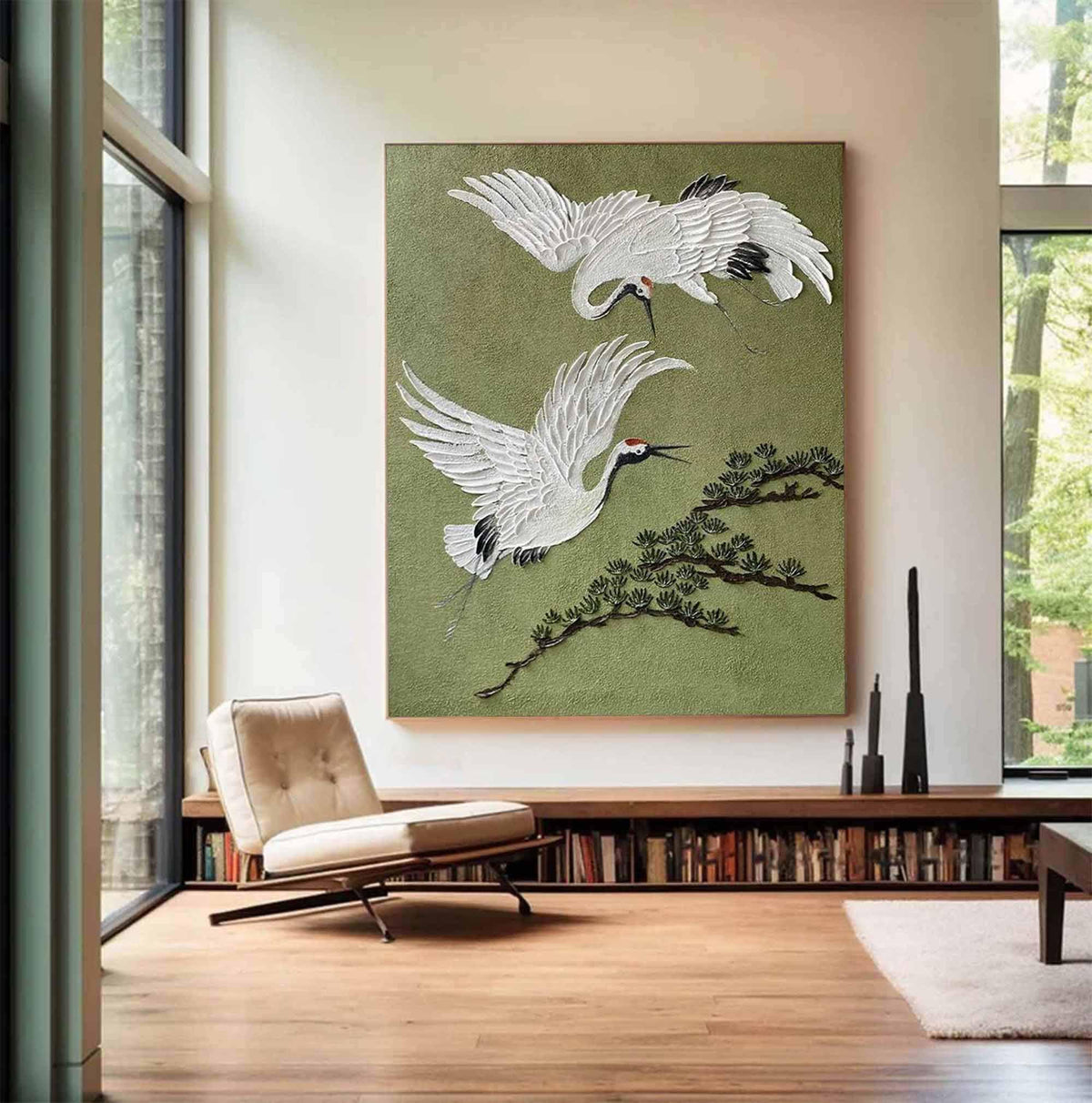White Crane Bird Wall Art Olive Green Textured Canvas Painting for Living Room Decor