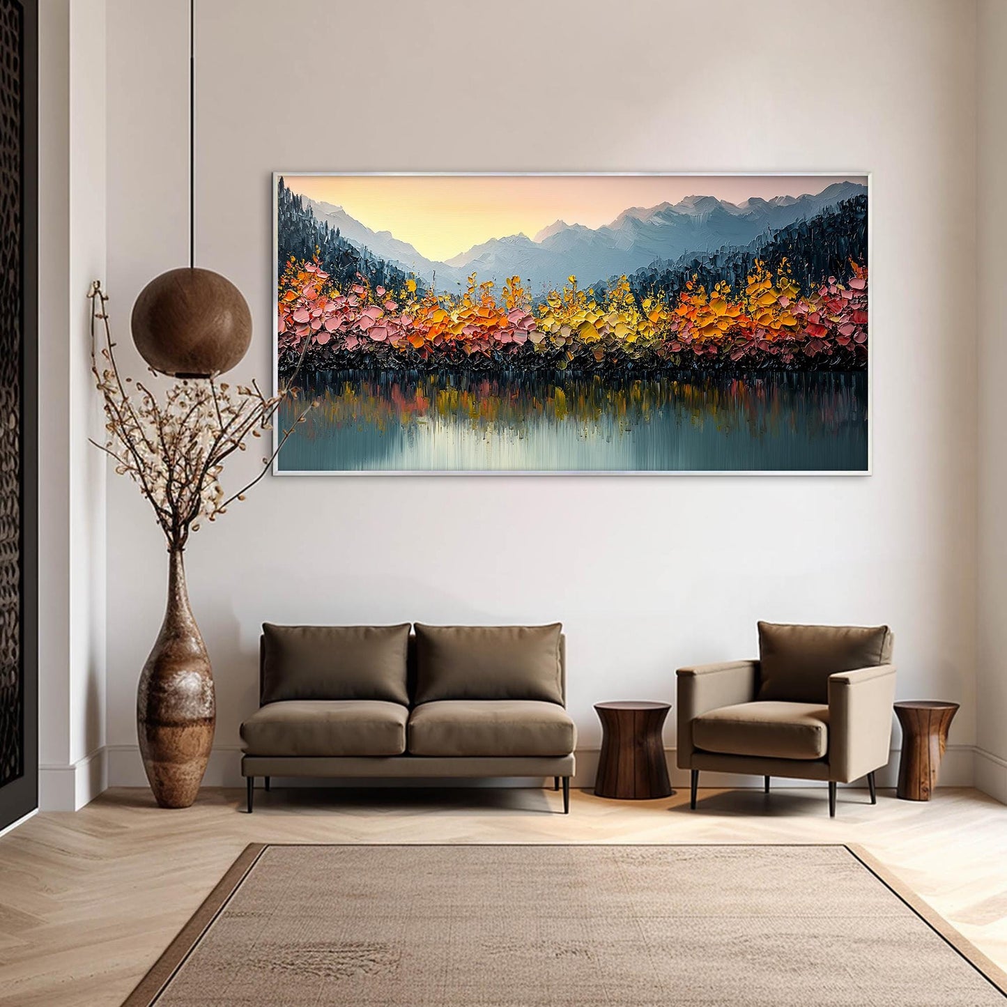 Orange and Yellow Impasto Mountain Lake Landscape Wall Art